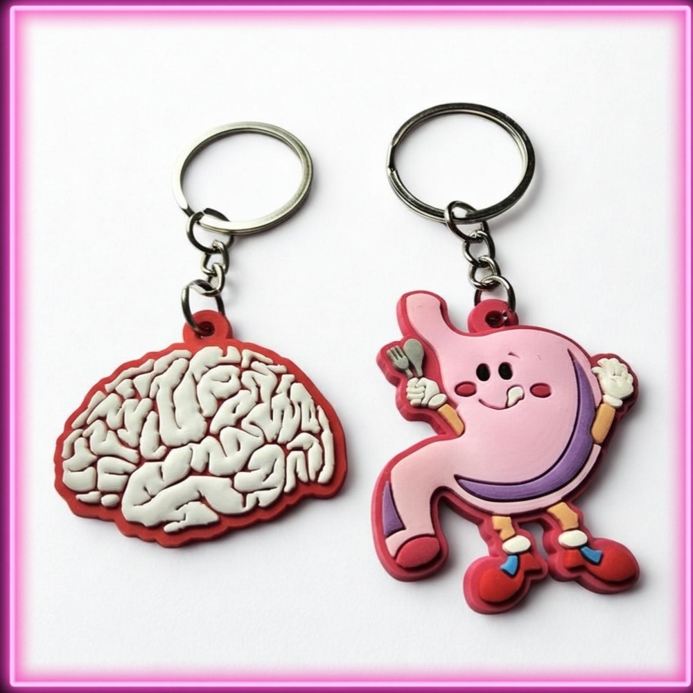 Pink Stomach and White Brain Kids Keychain Set - Cute Cartoon Educational Charms